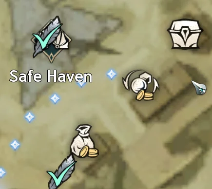 Safe Haven map: the Command Merchant is the round swirl-and-coins icon just right of the Safe Haven label, between the treasure-chest icon above and the money-bag icon below