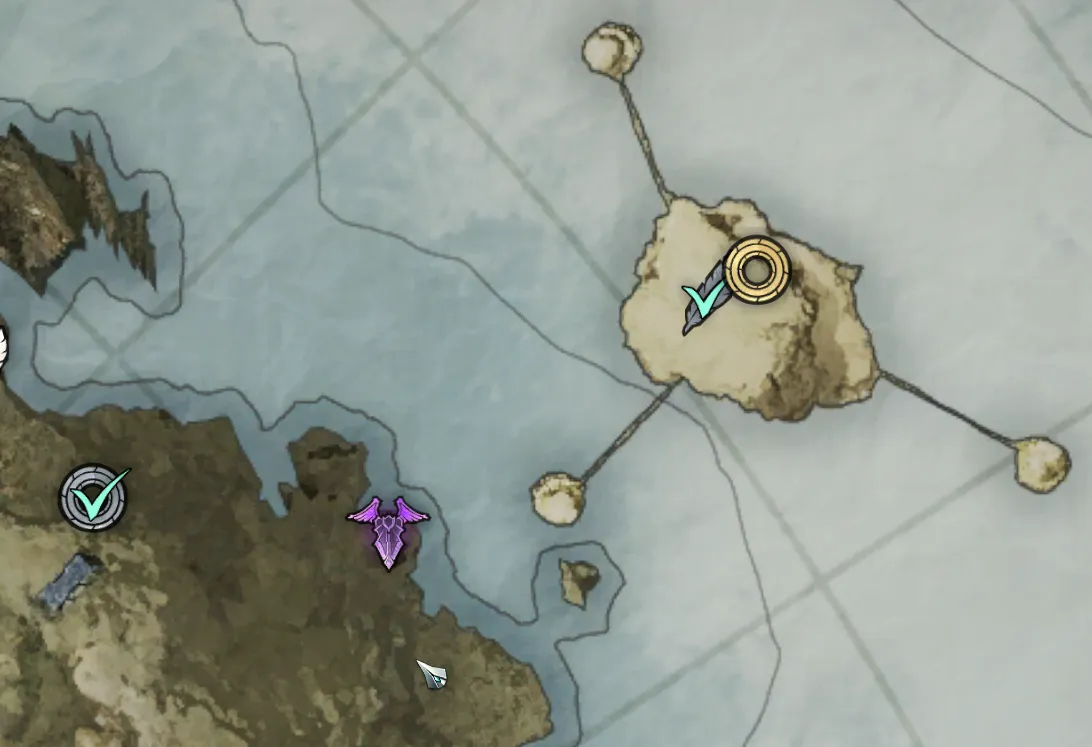 Dranactus map: the winged teleport icon on the coast at bottom left; the small chained rock just east of it; the main floating island at top right with the dungeon marker
